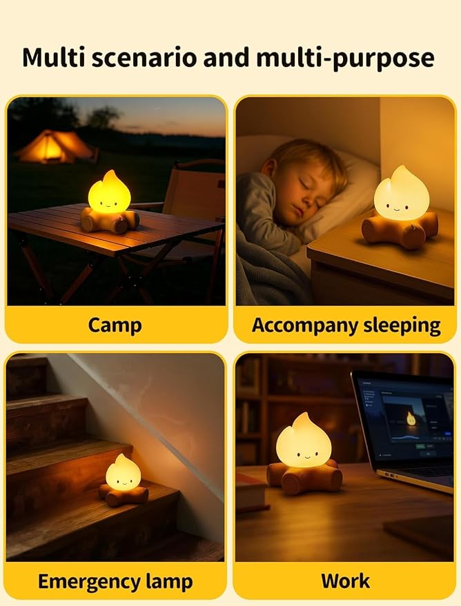 3 Pcs Campfire Night Light, Rechargeable Flame Lamp with 5 White Noise, Dimmable Flameless Candles Lights, Portable LED Ambiance Light for Camping Indoor Outdoor Holiday Decor Gifts