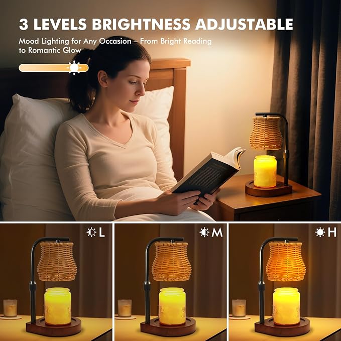 Candle Warmer Lamp with Timer & Dimmer - Electric Wax Melt Warmer with Adjustable Height for Scented Candles, Rattan Design for Home Decor, Mothers Day Gifts, Housewarming (Gold)