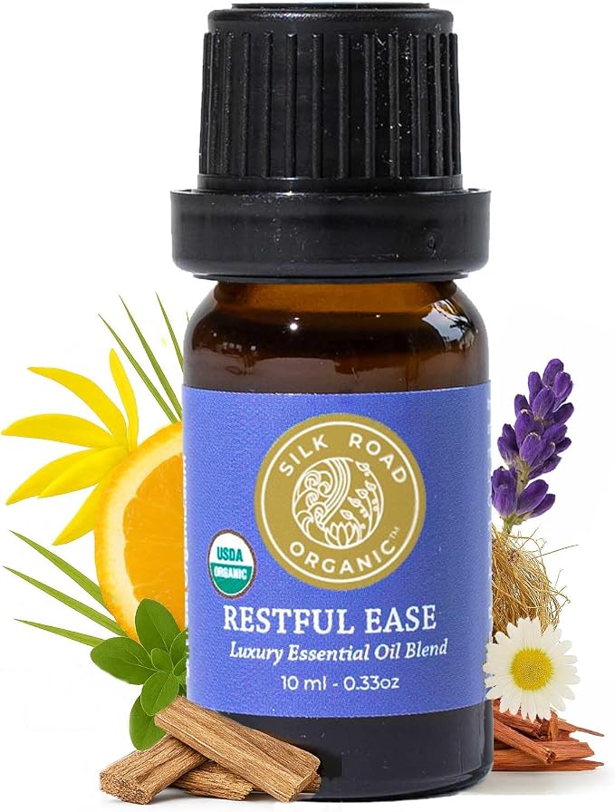 Silk Road Organic Restful Ease Essential Oil Sleep & Stress Blend - 100% Pure USDA Certified with Indian Sandalwood - Stress Ease Aromatherapy & Calming Relaxation - 10 ml Dropper