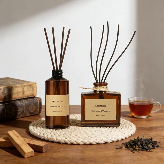 Reed Diffuser, Teakwood & Tobacco Essential Oil Diffuser with Diffuser Sticks, 6.8 oz (200ml) Musk Scented Oil, Handmade Home Air Freshener, Long-Lasting Room Scent for Office, Bathroom