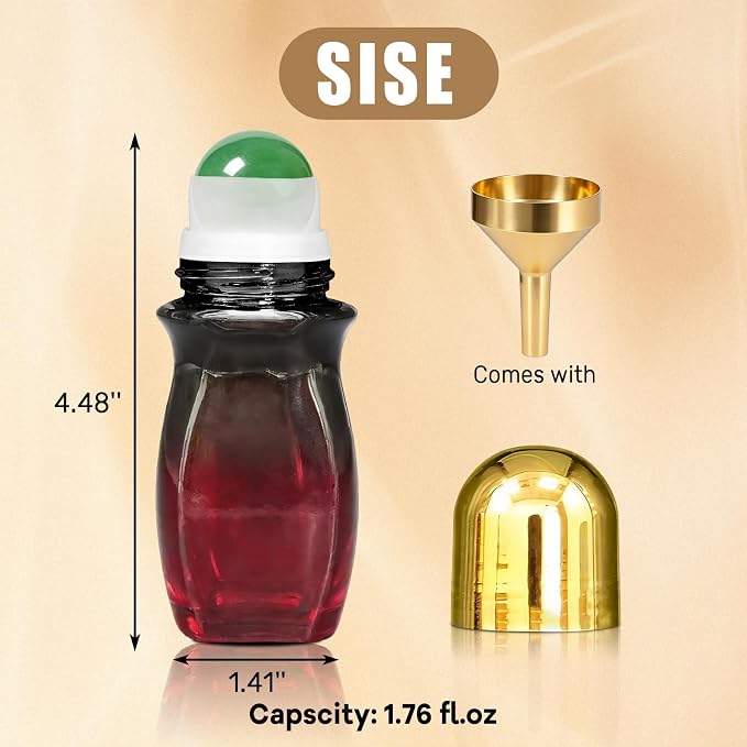Green Aventurine Amber Roller Waisted Bottles for Essential Oils,50ml Refillable Amber Glass Roll On Bottles with Natural Crystal Roller Balls, Leak-Proof Travel Perfume Bottle with Gold Caps