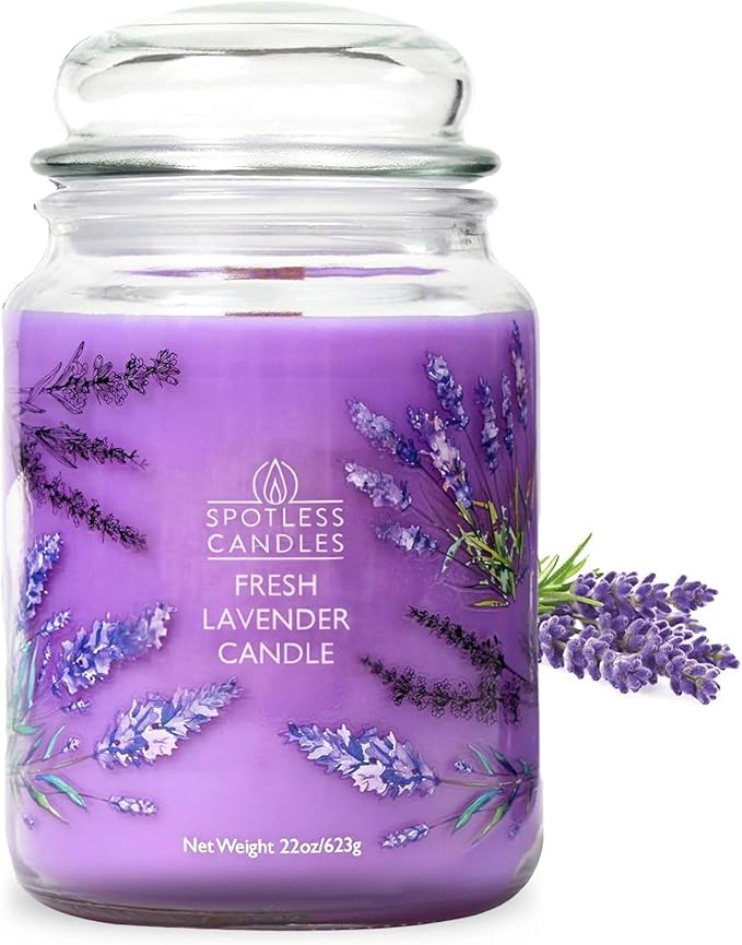 Lavender Candle 22oz: 130 Hours Burn Time, Large Jar Candle with Wooden Wick in a Decorated Jar with a Luxury Gift Box and Protective Shipper by Spotles Candles
