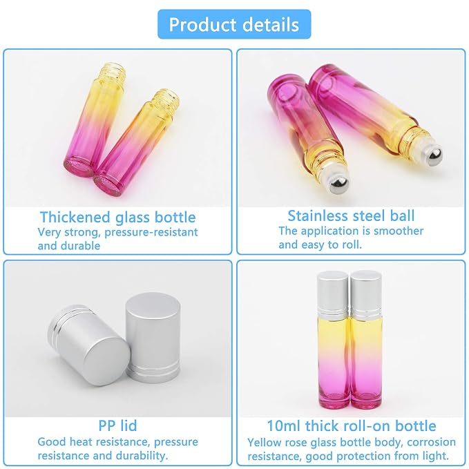 10Pcs Glass Rolling Bottles Set, 10ml (1/3oz) Yellow Rose Gradient Roll on Vials with Funnels for Essential Oil Aromatherapy Perfume Liquid Massage