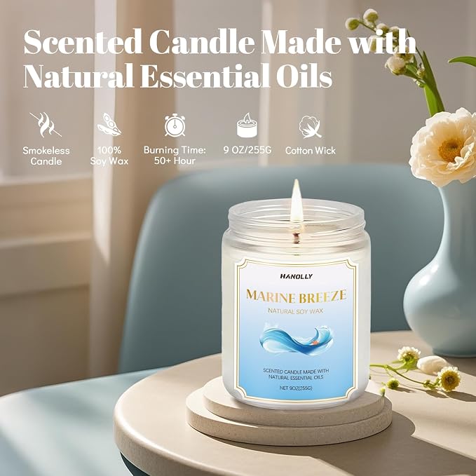 Marine Breeze Candle, 9 oz Scented Candles for Home Soy Candle Wax, Aromatherapy Candles for Women Men, Birthday Christmas Gifts, Perfect for Creating a Calming Ambiance