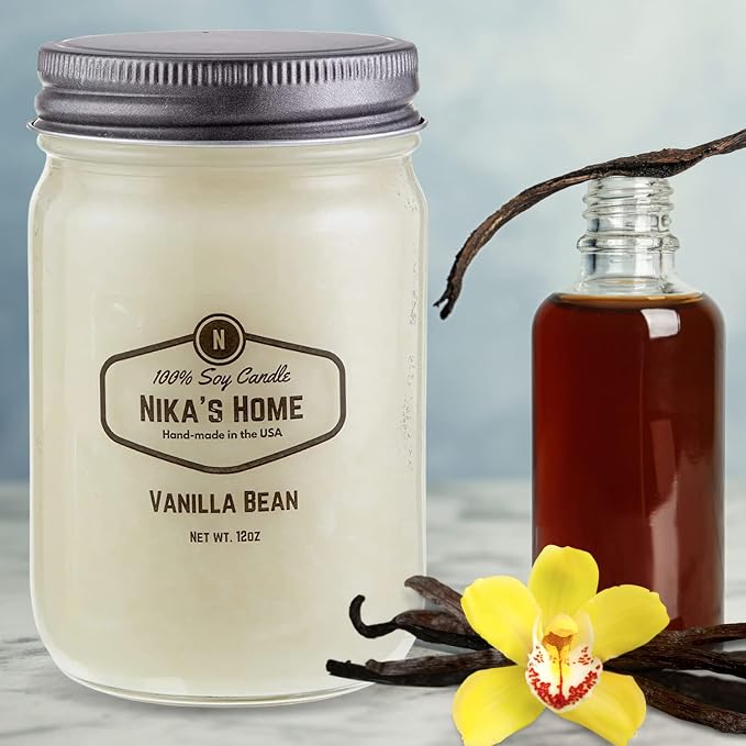 Nika's Home Vanilla Bean Soy Candle - 12oz Mason Jar - Non-Toxic - Hand Poured in The USA, Long Burning 50-60 Hours Highly Scented All Natural, Clean Burning
