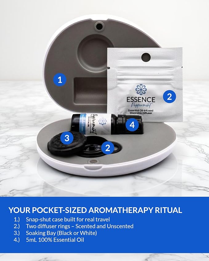 Essence Pearl Travel Case | Peppermint Essential Oil | Aromatherapy Nasal Diffuser & Essential Oil Carrying Case | Invigorating Peppermint Scent | Travel-Friendly Kit | Black Pod