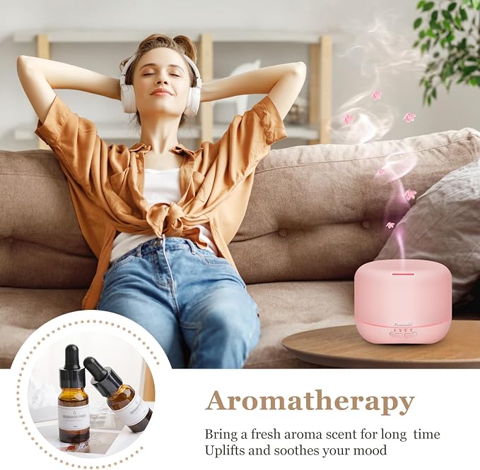 Aromatherapy Essential Oil Diffuser for Room: Air Humidifier Aroma Scent Cool Mist Colorful Lights Cute Small Large Auto Off Ultrasonic Diffusers for Home Bedroom Pink (300ml)
