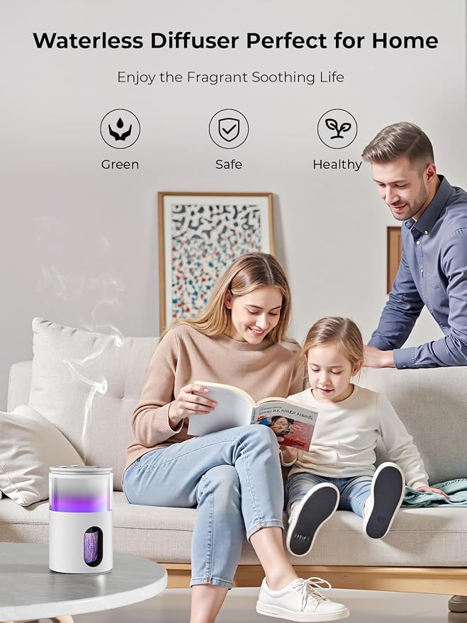 Waterless Essential Oil Diffuser: 𝟗 𝐂𝐨𝐥𝐨𝐫𝐬 𝐋𝐄𝐃 Scent Diffuser for Home&Car&Office - Portable Diffuser with 48H Battery, 4 Timers & 3 Mist Levels, Snow White