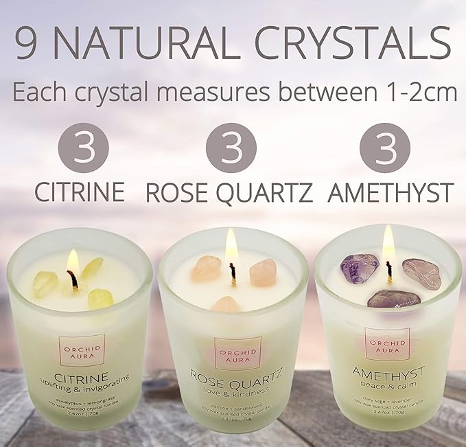 Soy Candles with Healing Crystals. Citrine, Rose Quartz, Amethyst Crystal. Eucalyptus + Lemongrass, Jasmine + Sandalwood, Clary Sage + Lavender. 3PC Scented Crystal Candle Set, 2.47oz Each