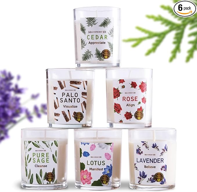 Magnificent 101 Long-Lasting Manifestation & Intention Aromatherapy Candles - Set of 6 | 21 Oz - 84-Hour Burn | 100% Soy Wax - Cedar, Palo Santo, Pure Sage, Lotus, Rose & Lavender