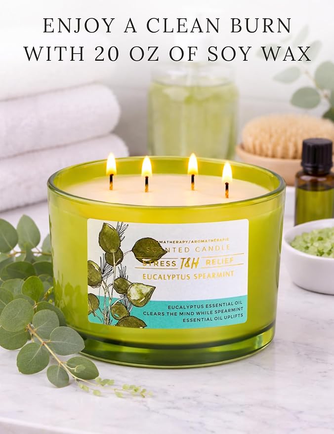 Eucalyptus Spearmint Candle | 4 Wick Extra Large Scented Soy Candle 20 oz | Highly Scented Aromatherapy Stress Relief Spa Candles | Fresh Eucalyptus Mint Home Scent | Long Lasting Clean Burn