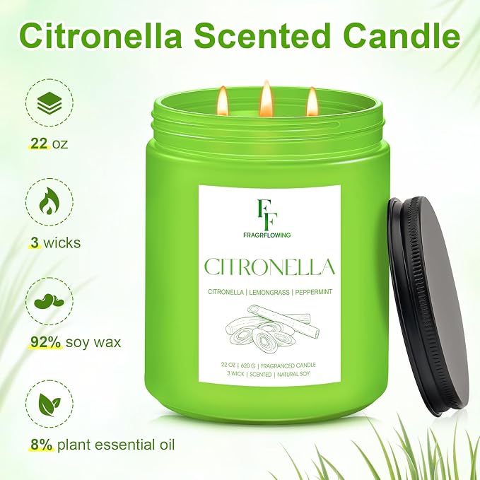 Citronella Large Scented Candle Outdoor Indoor, 3-Wick 22oz Long Lasting Scented Candle, Natural Soy Wax Aromatherapy Candle for Backyard Patio Garden Camping