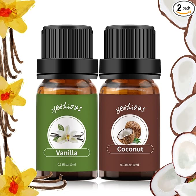 yethious Vanilla Coconut Essential Oil Set Coconut Oil Organic Vanilla Essential Oils for Soap Making, Diffuser, Skin Hair Care - 2 x 10ML