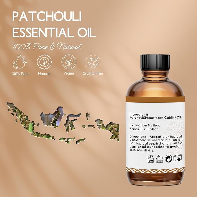 Patchouli Essential Oil for Skin Hair Diffuser, 100% Pure Natural Patchouli Oil for Room Spray, Roll On, DIY Candles & Soap Making - 4 Oz