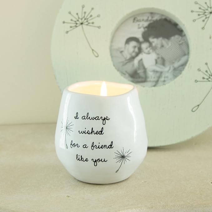 Pavilion - 8 Oz Candle Holder - White Ceramic Candle Jar with 100% Soy Wax Candle Cotton Scent "I Always Wished For A Friend Like You" Ideal Gift for a Friend - Printed Text, Love Theme & Oval Shape
