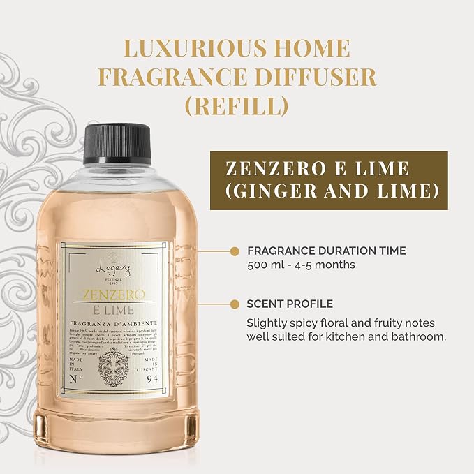 Logevy Firenze 1965 Zenzero e Lime – Ginger & Lime Luxury Home Fragrance Diffuser Refill from Master Perfumer in Italy with Spicy, Floral & Fruity Notes in Clear PET Bottle – 500ml