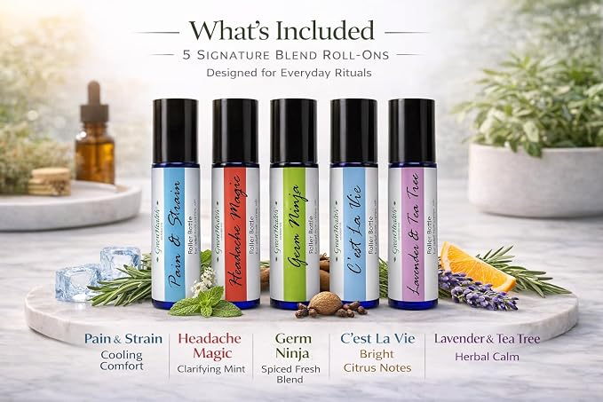GreenHealth Essential Oil Roll On Set 5 Pack (10ml Each) Aromatherapy Roller Ball Variety Kit Pain & Strain Headache Magic Germ Ninja C’est La Vie Lavender Tea Tree Ready to Use Travel Size Gift Set