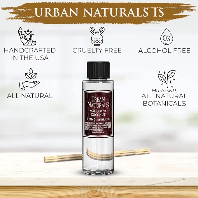 Urban Naturals Reed Diffuser Oil Refill, Mahogany Coconut Diffuser Oils with Sandalwood, Coconut, Oakmoss, 4 oz + Free Reed Sticks, Made in the USA