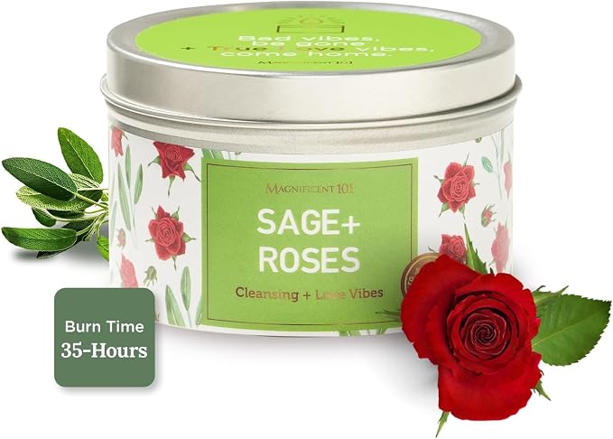 MAGNIFICENT 101 Sage & Roses Aromatherapy Candle for Space Cleansing - 6 oz Soy Wax - 35-Hour Burn - Long-Lasting Fragrance & Manifestation - Meditation Accessory & Spiritual Decor