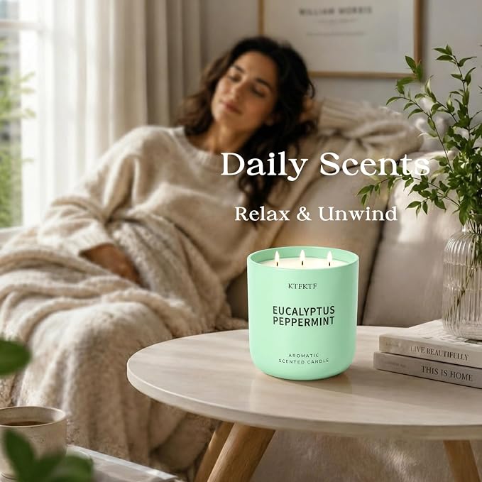 Eucalyptus Peppermint Scented Candle for Home, 14.1oz 80 Hours Long Lasting Aromatherapy Candles for Stress Relief & Energy, Non-Toxic Essential Oil & Soy Wax | Cooling Mint & Woody Aroma