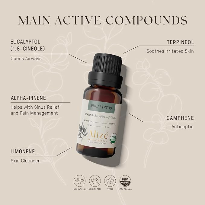 Eucalyptus Essential Oil, USDA Organic 100% Natural & Pure Essential Oils for Diffusers for Home, Aromatherapy Oils, Diffuser Oils Scents for Wellness, 10ml-0.33 fl oz