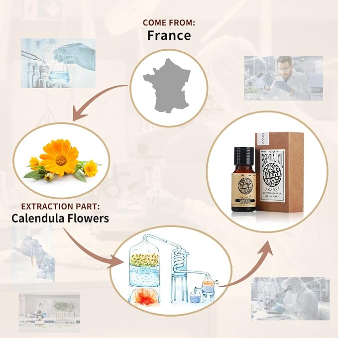AKARZ Calendula Essential Oil Natural Organic Pure Premium Therapeutic Calendula Oils for Skin Body Hair Care,Diffuser, Candle,Soap,Making, DIY,Massage Aroma 0.34 Fl Oz (10ml)