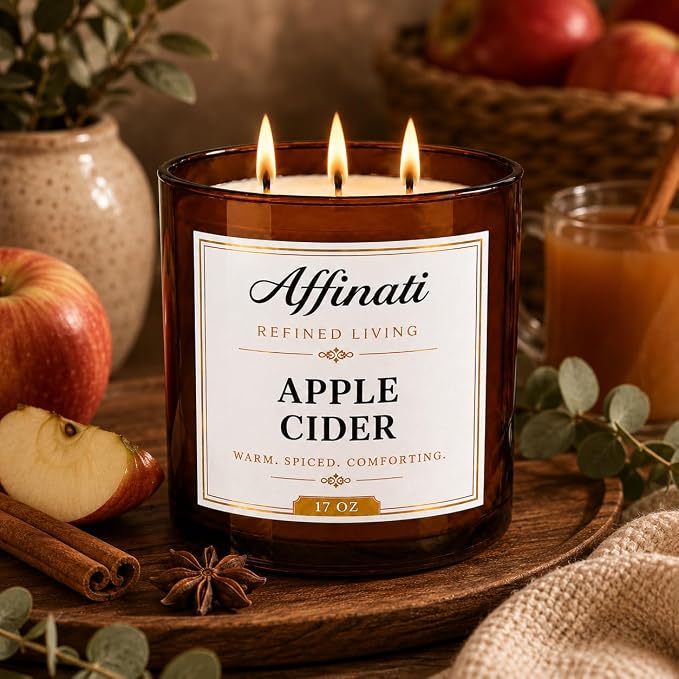 Affinati Apple Cider 3-Wick Scented Candle – Large Soy Blend Candle, Strong Scent Throw Warm Autumn Spiced Orchard Fruit Candle, Premium Fall Home Fragrance Gift