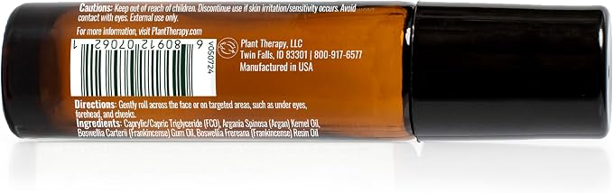 Plant Therapy Frankincense & Argan Facial Serum Roll-On, 10 mL (1/3 oz), Made with Frankincense Essential Oil & Argan Oil, Smoothes Wrinkles & Improves Skin Elasticity, Anti-Aging for Face & Skin