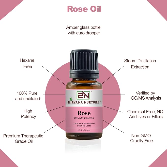 Rose Essential Oil, 100% Pure Undiluted, Aromatherapy Oil for Diffuser, Hair & Skin Care