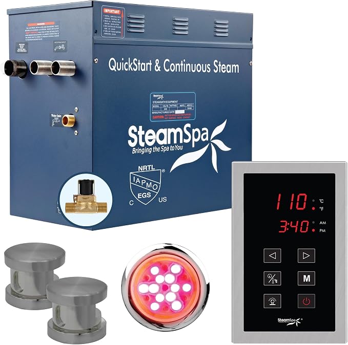 12kW Steam Sauna Generator Sentry Series 240V Steam Generator with Touch Screen, Steamhead, Built-in Steam Shower Auto Drain, ACU Quickstart Steam Bath Generator (Chrome)