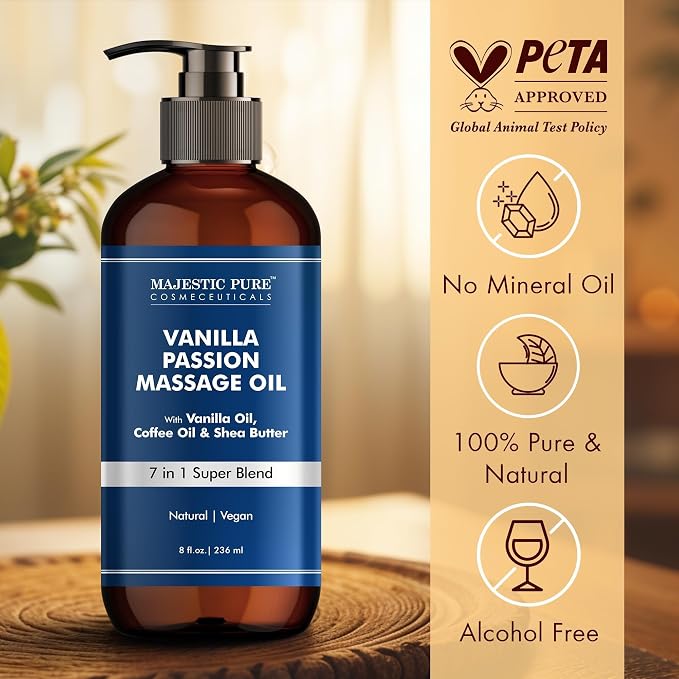 MAJESTIC PURE Vanilla Passion Massage Oil for Massage Therapy - Refreshing and Relaxing - Natural Oils with Vanilla Oil, Coffee Oil Shea Butter for All Skin Types Men and Women Massage Lotion- 8 fl oz