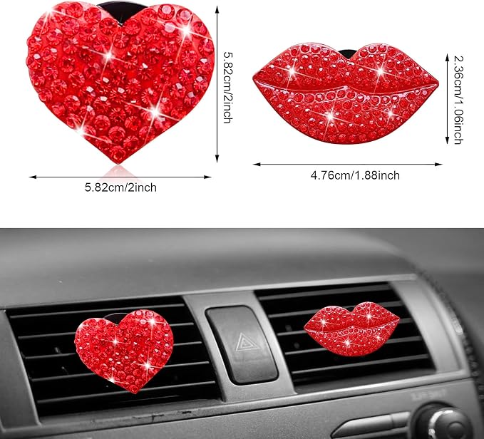 Bling 5 Pcs Red Lips Air Vent Clips, Heart Shape Crystal Car Decor - Women Rhinestone Diffuser Vent Clip Cute Car Accessories (Red lips)