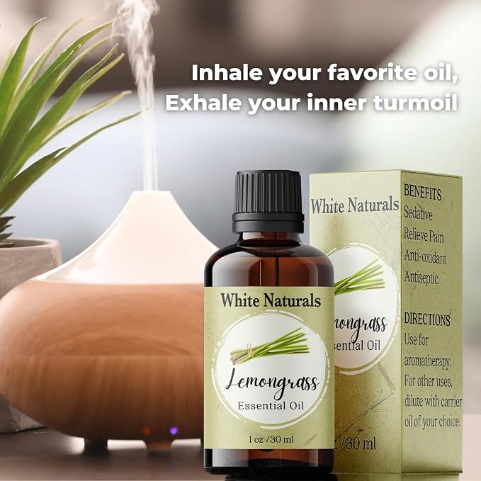 White Naturals Lemongrass Essential Oil 100% Pure and Natural, Therapeutic Premium Grade for Hair Nails and Skin, Aromatherapy Diffuser, Home and Travel, DIY
