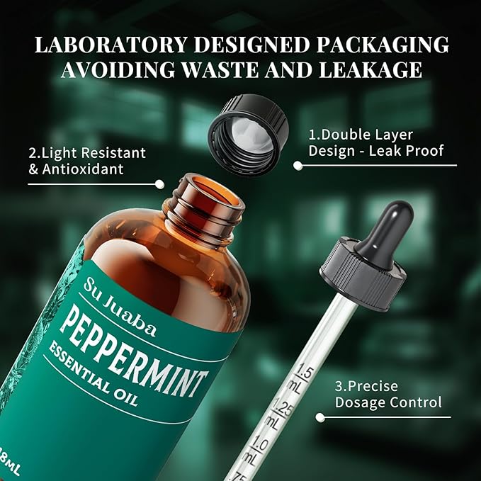 SU JUABA Peppermint Oil 4 Fl Oz, Aromatherapy Oil for Spray, Diffuser, Skin, Hair - 118ML