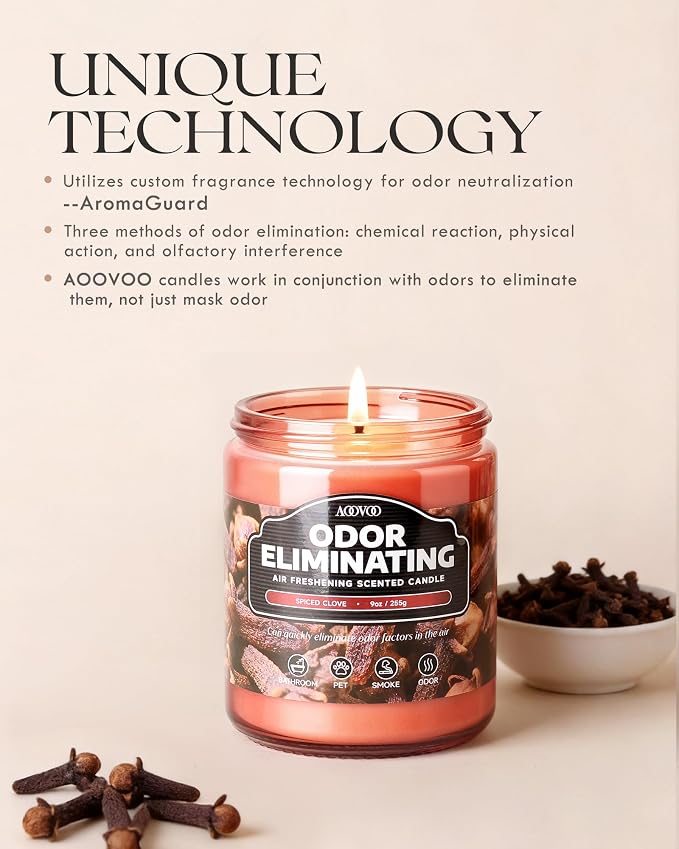 AOOVOO Spiced Clove Odor Eliminating Highly Fragranced Candle - Eliminates 95% of Pet, Smoke, Food, and Other Smells Quickly, Non Toxic Air Freshing Soy Candle, 9 oz Up to 50 Hours Burn time