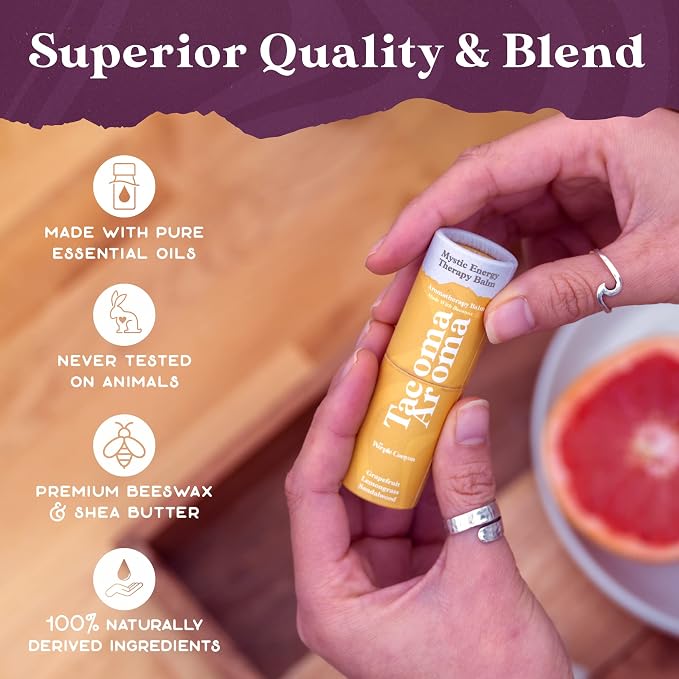 PURPLE CANYON Essential Oils Balm Stick | Mystic Energy Aromatherapy by Tacoma Aroma | Beeswax Body | Grapefruit, Lemongrass & Sandalwood Essential Blend For Mindfulness | 6.5 grams