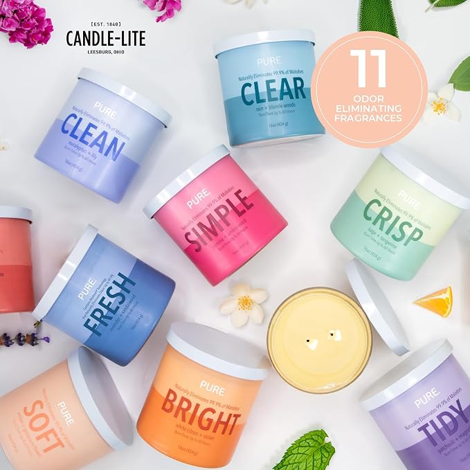 Candle-Lite Pure Amber & Geranium Flower Odor Eliminating Scented Candles, Neofresh Technology Eliminates 99.9% of Odors, 16 oz 2-Wick Jar, Proudly Poured in The USA, Up to 60 Hours Burn Time