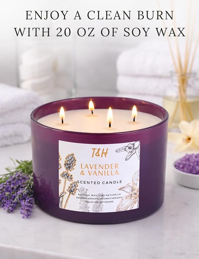 Lavender Vanilla Candle | 4 Wick Extra Large Scented Soy Candles 20 oz | Highly Scented Aromatherapy Lavender Candle for Women | Relaxing Stress Relief Home Scent | Long Lasting Clean Burn
