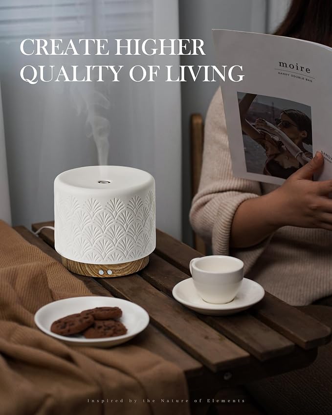 Essential Oil Diffuser - 280ml Ceramic Diffuser for Large Room & Commercial Use, 2.4MHz Aromatherapy Diffuser with Cool Mist Humidifier & Night Light, Ideal for Bedroom, Office, Yoga, Spa, Gifts