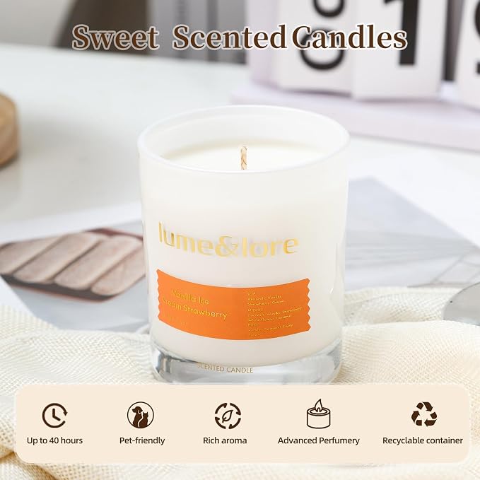 Vanilla Ice Cream Strawberry Scented Candle - 7oz Natural Soy Wax, Comforting Gourmand Aroma for Cozy Gatherings