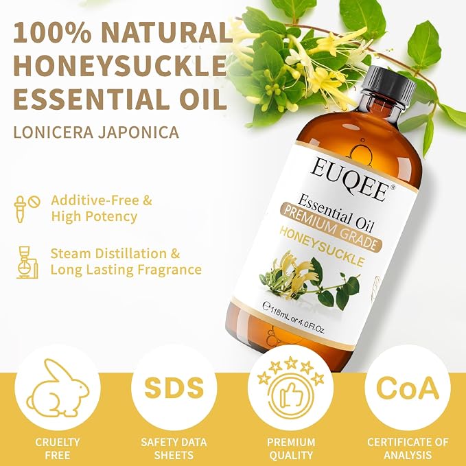 EUQEE Honeysuckle Essential Oil 118ml Pure Honeysuckle Oil Premium Essential Oil - with Glass Dropper Great for Diffuser, DIY Soap, Candle Making - 4Fl. OZ