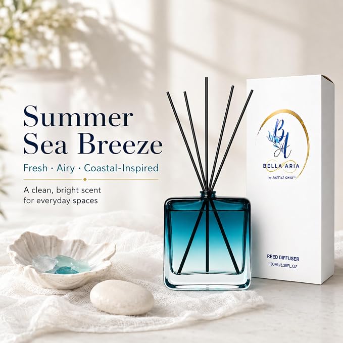 Reed Diffuser Set for Home Fragrance – 100ml Summer Sea Breeze Aromatherapy Diffuser with Reed Sticks, Long Lasting Flameless Fragrance for Bedroom, Bathroom & Living Room, Decorative Glass Bottle
