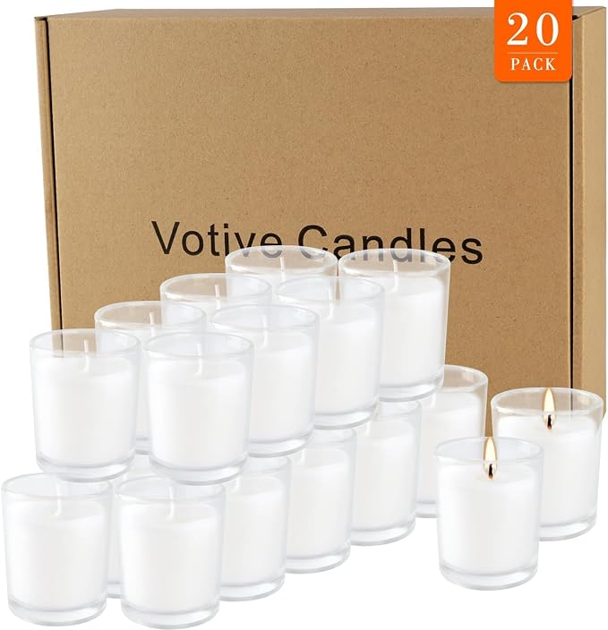 20 Pack Unscented White Clear Glass Filled Votive Candles | Soy Wax, Smokeless, Hand Poured Wax Candles Ideal for Aromatherapy, Spa, Weddings, Birthdays, Holidays & Party Decor