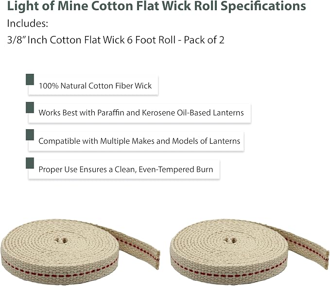 Light of Mine - 3/8" Inch 6' Foot, 100% Cotton Flat Wick - 2 Pack, for Paraffin Oil, Kerosene Based Lanterns, and Oil Lamps with Genuine Red Stitch (3/8" - 6' Roll, 2 Pack)