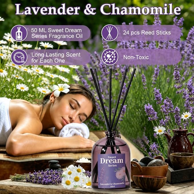STRN Reed Diffuser Sets, Lavender Scented Oil Diffuser, Fragrance Reed Diffuser with 24 Sticks, 6.8 Fl.oz (200ml), 4 Scents Long-Lasting Air Freshener for Bedroom Bathroom Home Décor