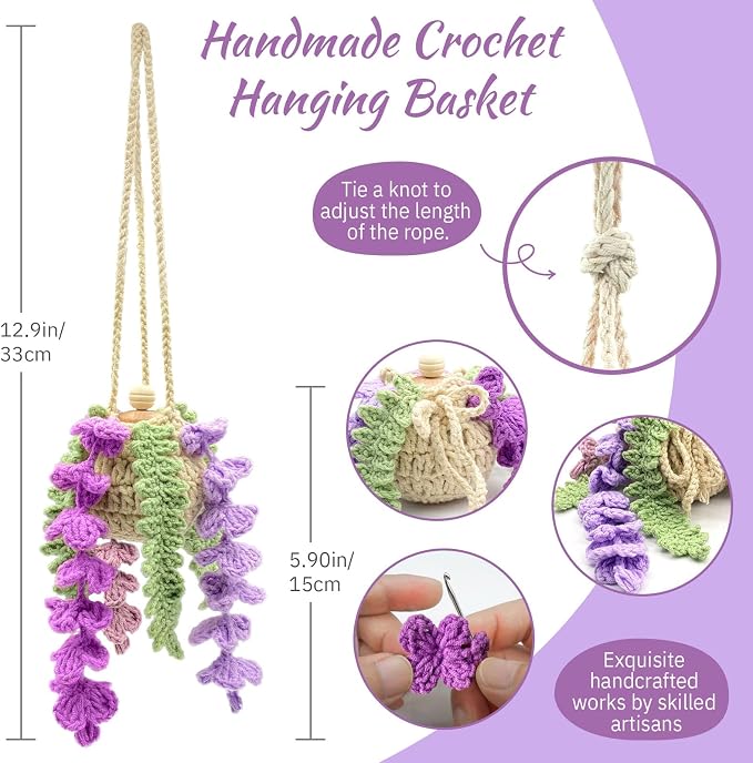 Crochet Car Air Freshener, 15ml Empty Refillable Oil Diffuser Bottle with Crochet Violet Hanging Plant for Car Rearview Mirror Decor, Handmade Home&Office Decor