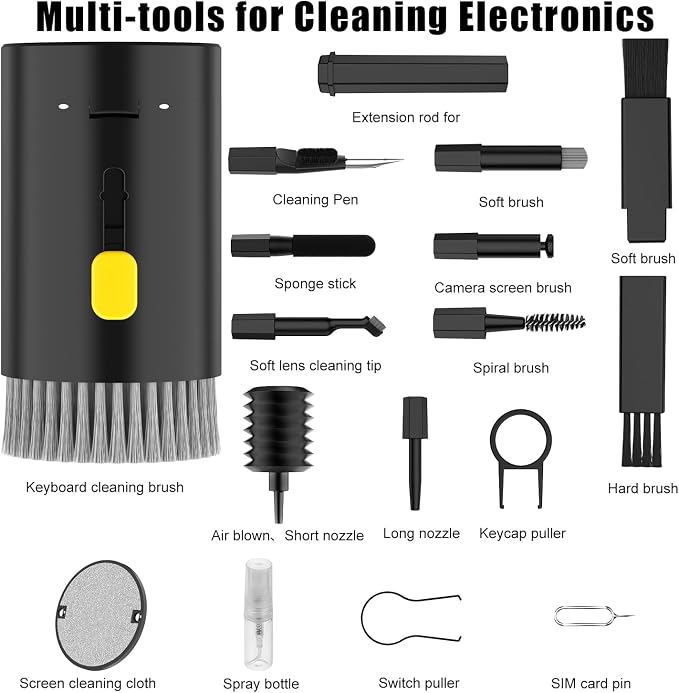 VICHYIE 20 in 1 Multifunctional Cleaner Kit for Electronic Devices, Keyboard Cleaning Brush, Headphones Cleaner Kit for AirPods, Multi-Tool for Cleaning Laptop, Earbuds, Camera, Cellphones (Black)
