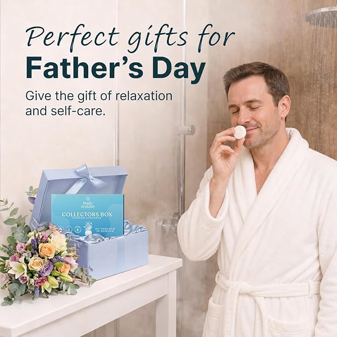 Body Restore Shower Steamers Aromatherapy 30 Pack – Fathers Day Gift for Dad, Birthday Gifts for Women & Men, Spa Stress Relief & Relaxation Self Care Gifts – Premium Collectors Box