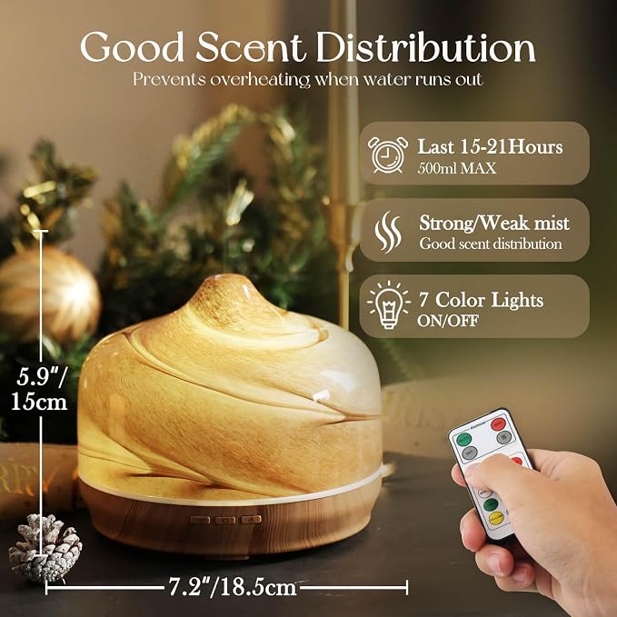 Porseme 500ml Glass Essential Oil Diffuser Aromatherapy Ultrasonic Cool Mist Humidifier 15-21 Running Hours Diffusers with Remote Control for Sleeping Yoga Working Spa(Desert