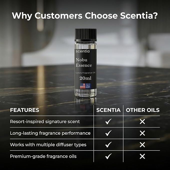 Scentia Nobu Essence Aromatherapy Oil for Diffuser – Hotel Scent Inspired by Nobu Hotel – 20 mL – Jasmine, Lily & Sandalwood Natural Fragrance Oil for Waterless & Cold Air Diffusers, Made in USA